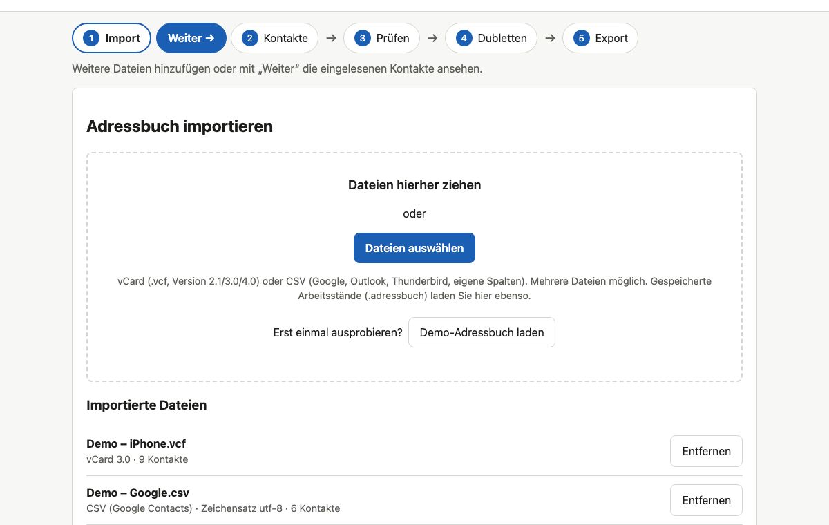 1 · Import: Adressbücher von iPhone, Google, Outlook oder als CSV hineinziehen – auch mehrere auf einmal. Zum Ausprobieren gibt es ein Demo-Adressbuch.