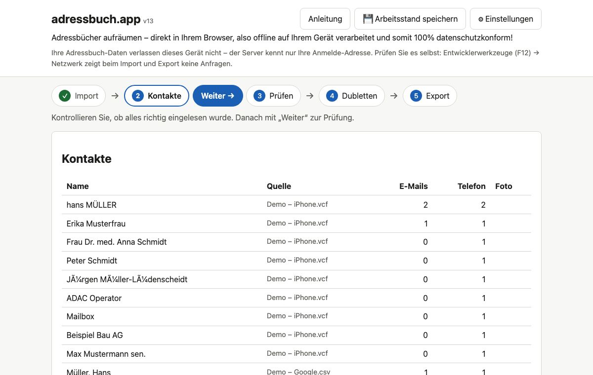 2 · Kontakte: Kurz kontrollieren, ob alles richtig eingelesen wurde.