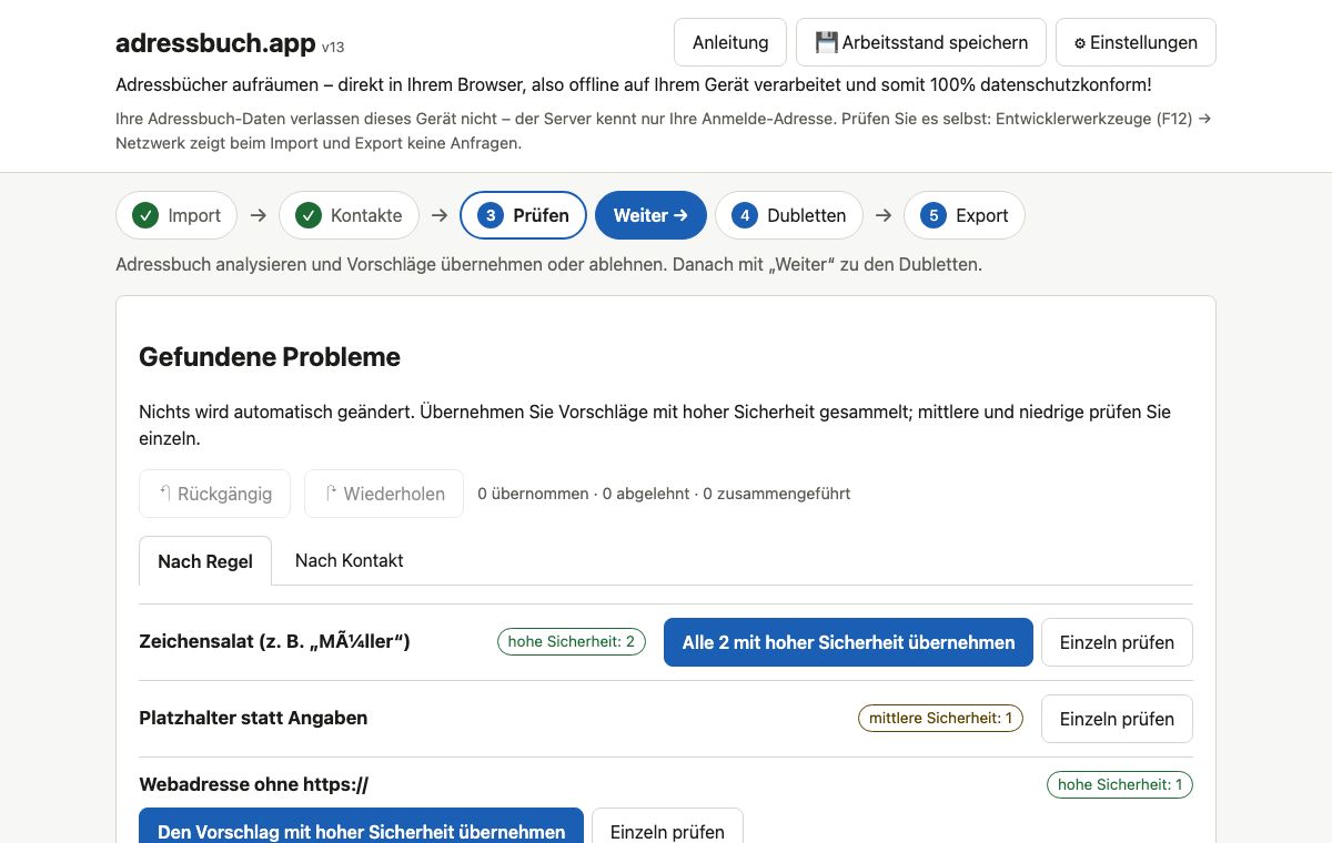 3 · Prüfen: Das Adressbuch wird analysiert: Vorschläge, gruppiert nach Regel und Sicherheit. Nichts wird automatisch geändert.