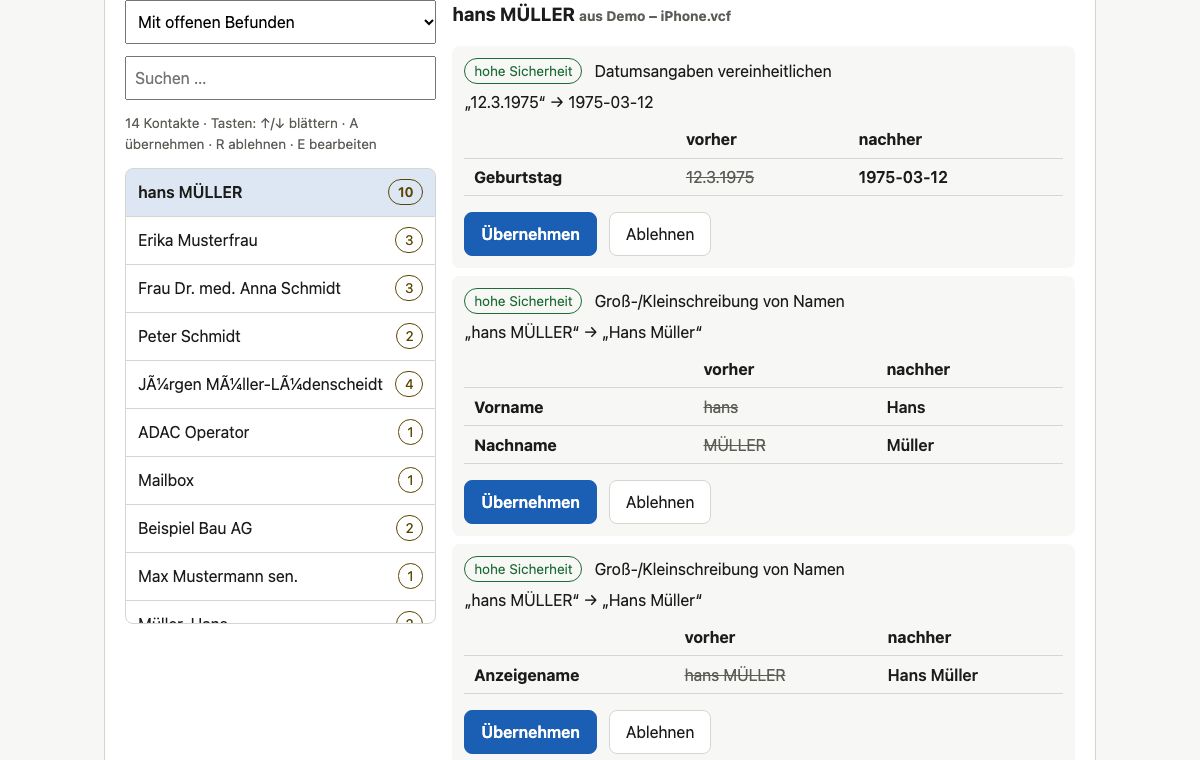 3 · Prüfen: Jeder Kontakt mit Vorher/Nachher – Felder lassen sich auch selbst bearbeiten.