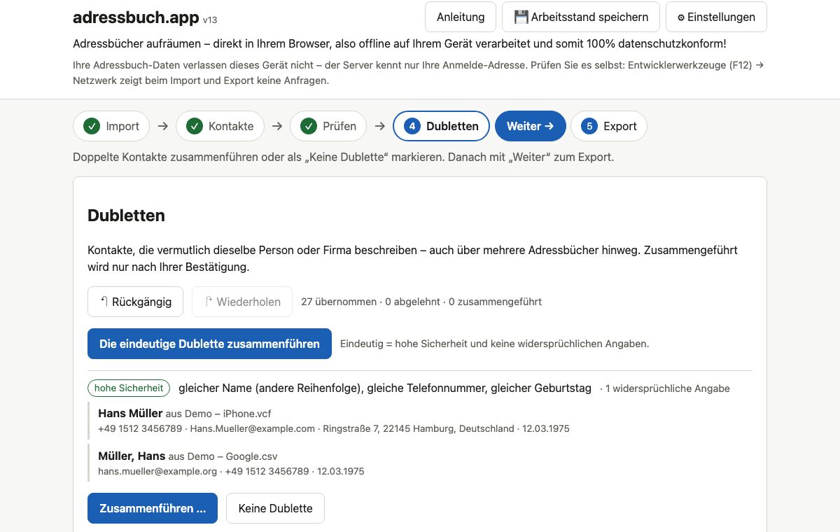 4 · Dubletten: Doppelte Kontakte werden erkannt – auch über mehrere Adressbücher hinweg und bei unterschiedlicher Schreibweise.