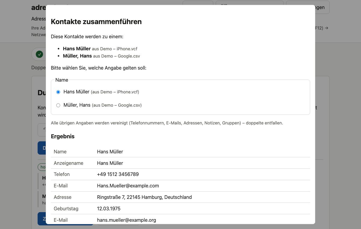 4 · Dubletten: Zusammenführen mit Vorschau: Sie sehen, aus welcher Datei jede Angabe stammt, und wählen bei Widersprüchen.
