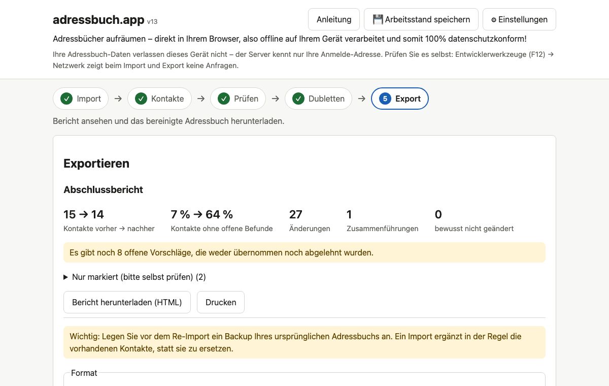 5 · Export: Bereinigtes Adressbuch herunterladen – mit Abschlussbericht, was geändert wurde und was nicht.